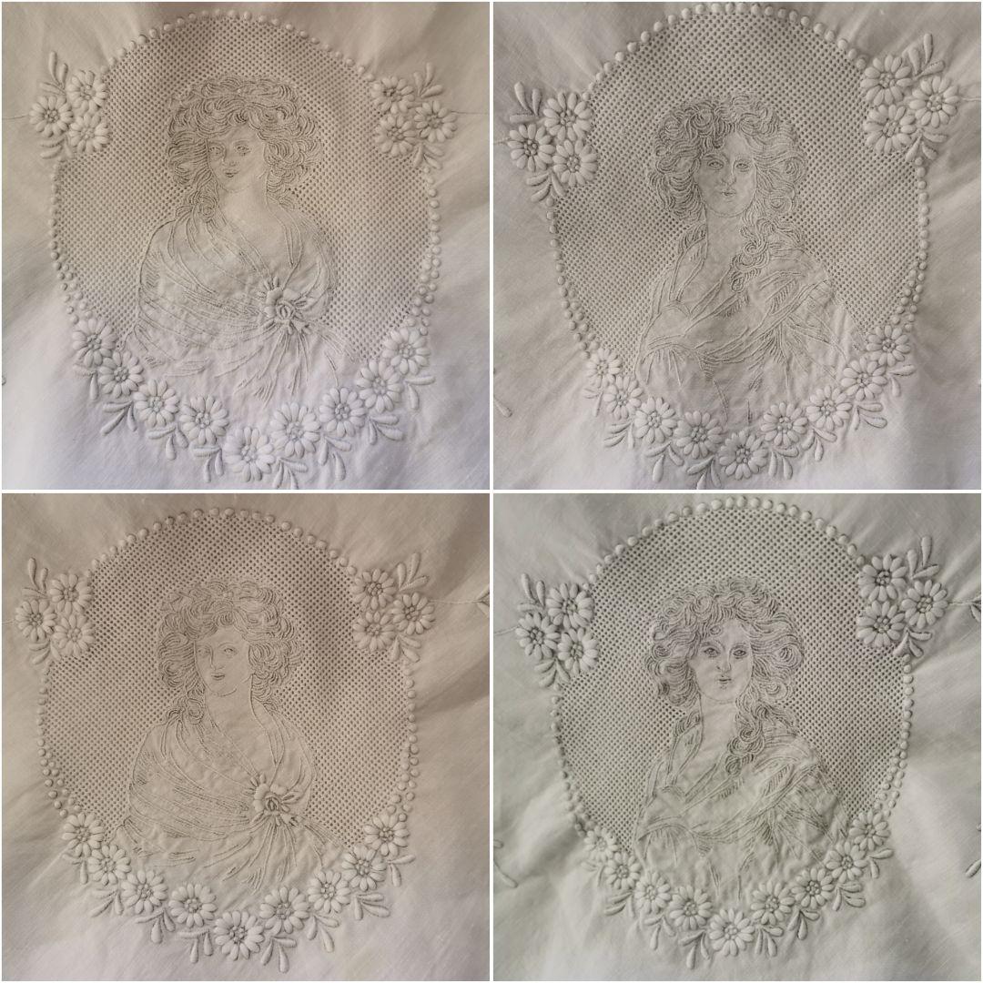 アンティークスイス アペンツェル刺繍 貴婦人達と小花ガーランドのクロス 美術館級