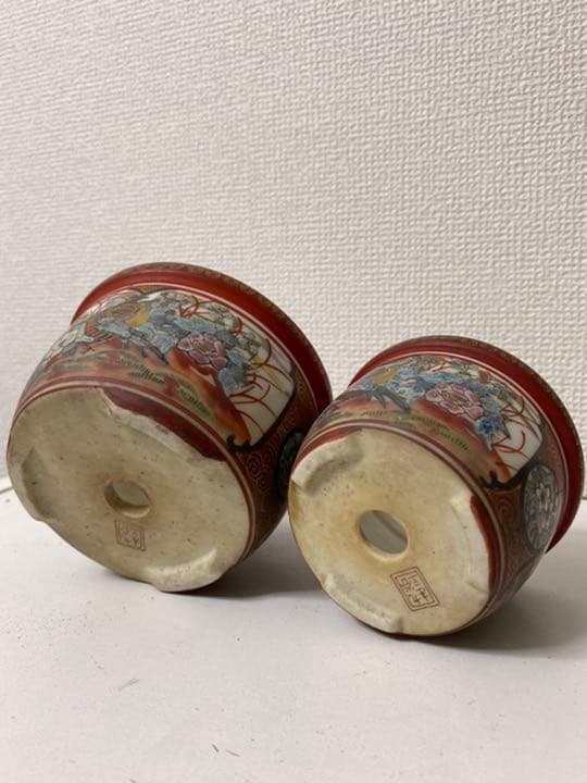 九谷焼≪ 九谷庄三銘 ≫ 金彩赤絵色絵 花鳥・竹林の七賢人図 丸形三足小品植木鉢