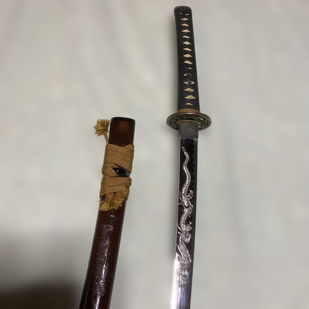 模造刀 濃緑柄 角松透し楕円鍔 茶鞘