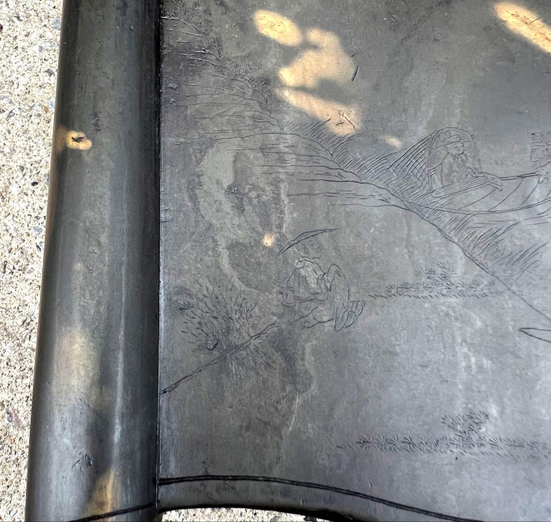 文房具，清時代山水人物書巻型緑端硯