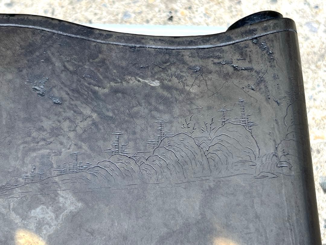 文房具，清時代山水人物書巻型緑端硯