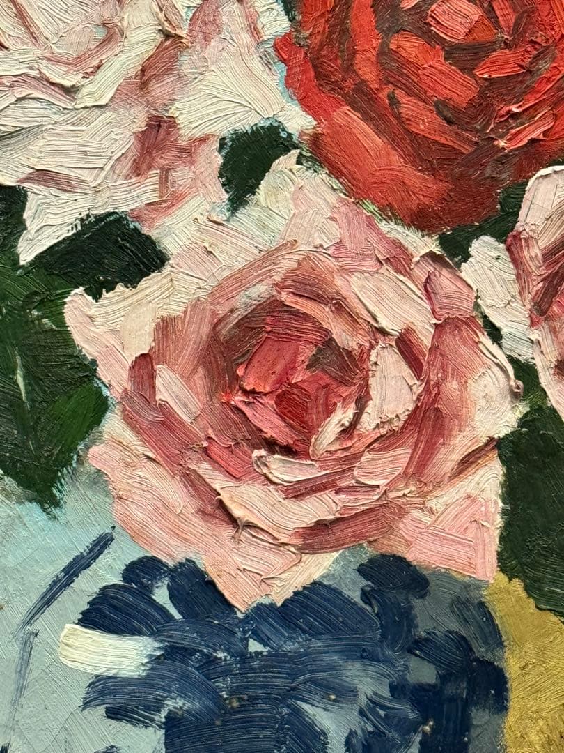 (14) 真作　関川富士郎　直筆サイン入　油彩　絵画　薔薇　アンティーク