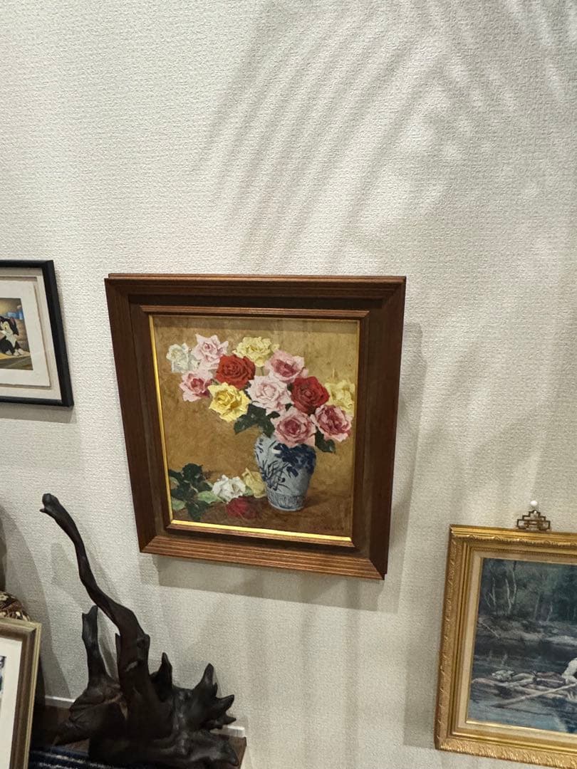 (14) 真作　関川富士郎　直筆サイン入　油彩　絵画　薔薇　アンティーク