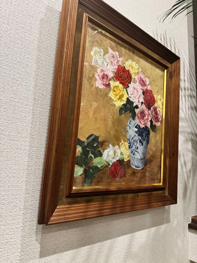 (14) 真作　関川富士郎　直筆サイン入　油彩　絵画　薔薇　アンティーク