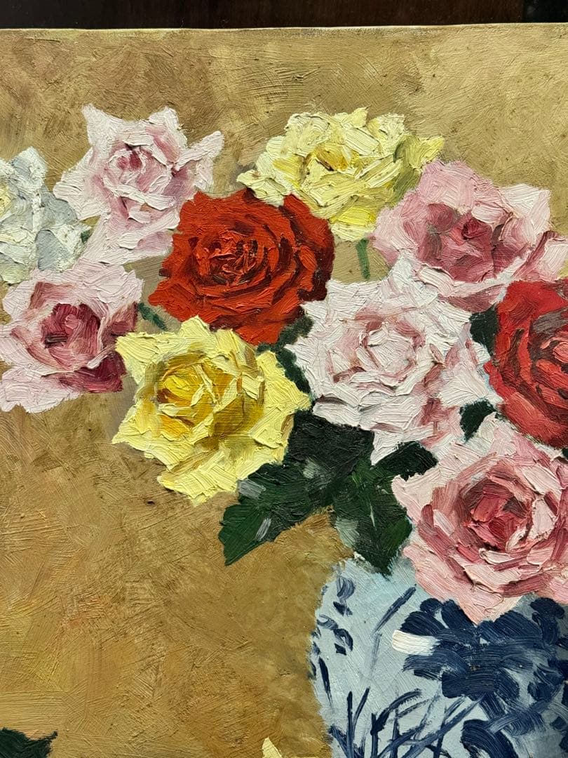 (14) 真作　関川富士郎　直筆サイン入　油彩　絵画　薔薇　アンティーク