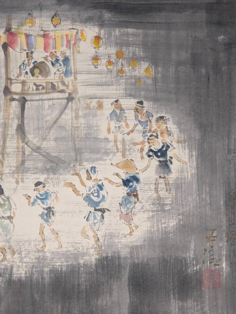 【真作】絵画　小林五浪　日本画6号　盆踊　夏祭りの情景　夜祭の舞　箱入　Z62