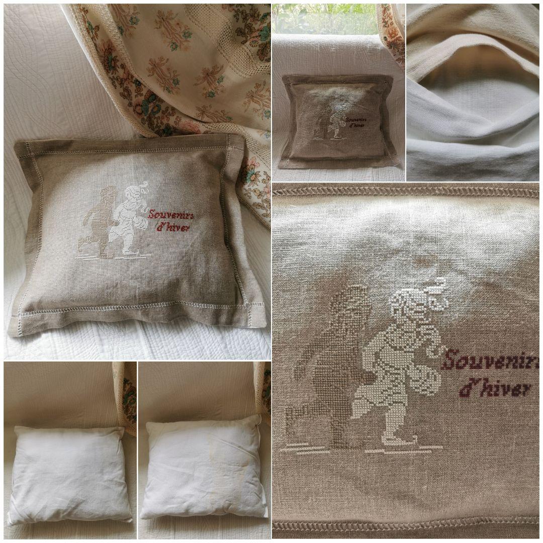 アンティークフランス ホームスパンリネン＆プチポワン子供冬遊び刺繍 クッション