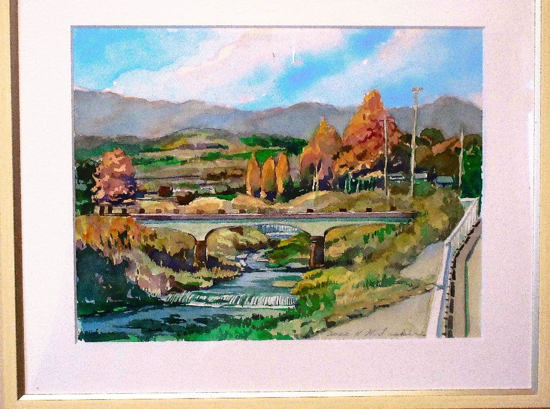 秋の風景 水彩画 橋の絵