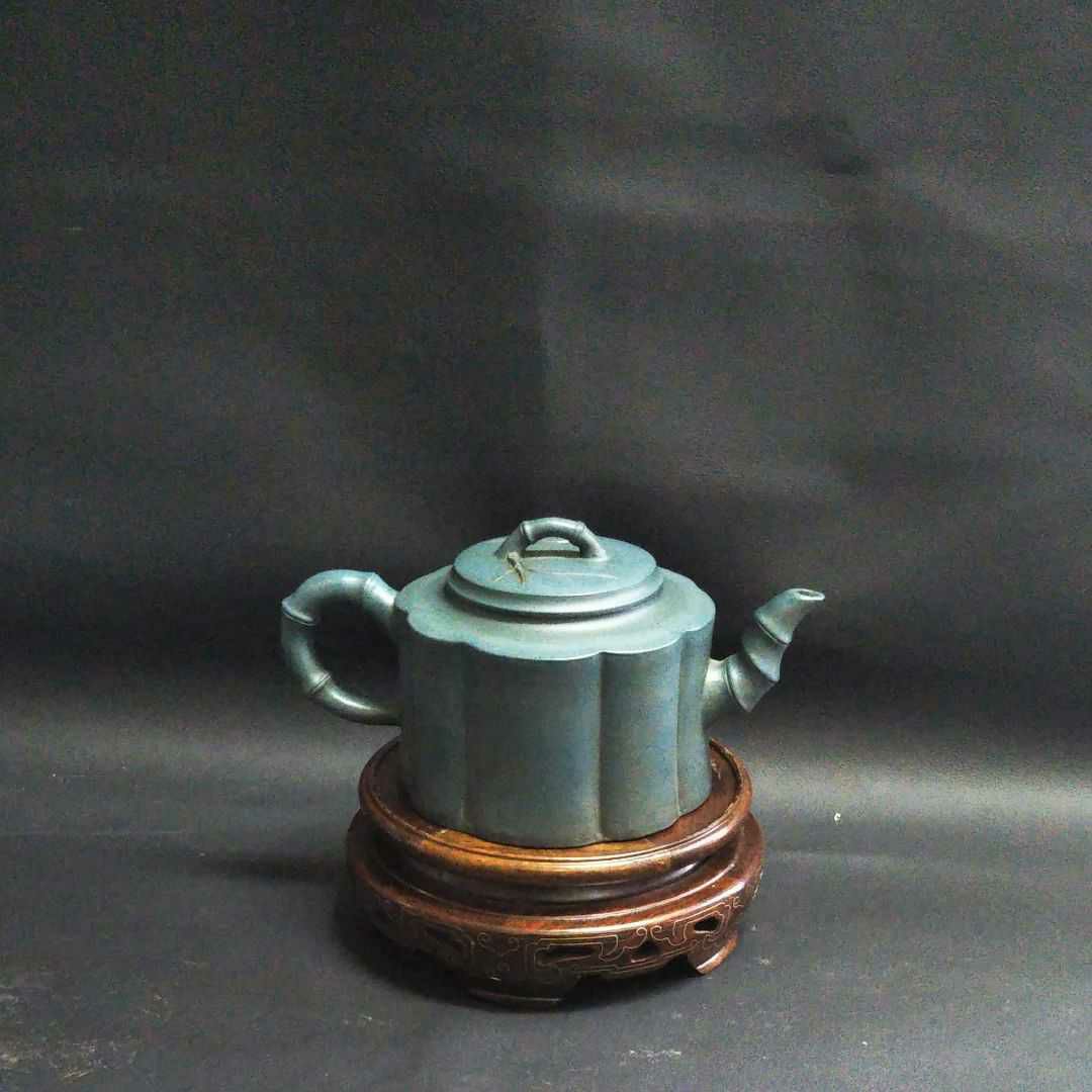 ※中国古美術/緑泥竹林笹竹紋茶壺/(底款:朱可心)【保存箱付】