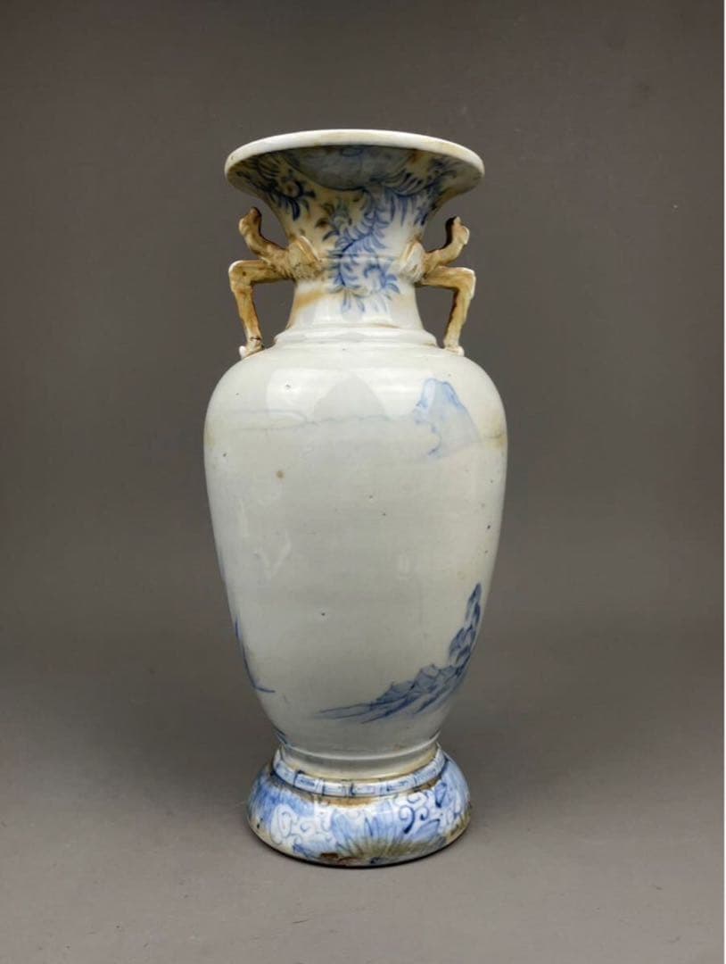 平戸焼 耳付花瓶 双耳 染付 飾壺 茲朗窯 山水図 本時代 希少品 白磁 花器