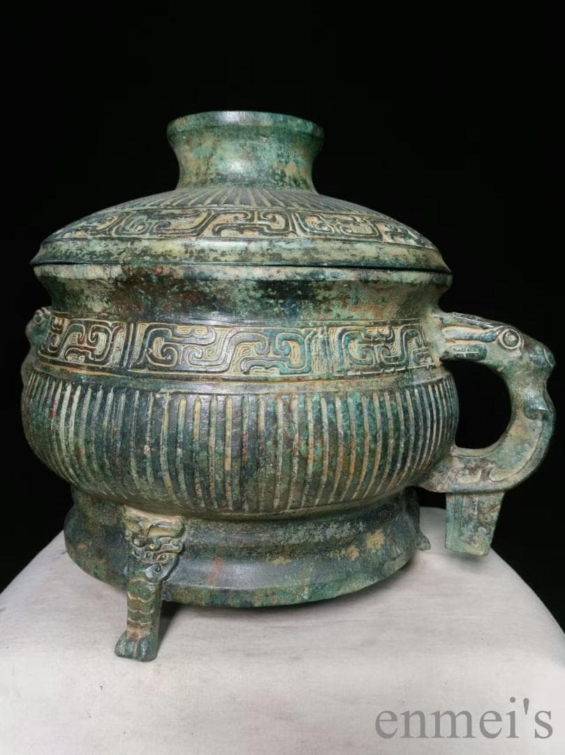 中国古美術 旧蔵 西周款 青銅器皿《銘文簋》純銅製 青銅製 蓋付き器 獣脚付き
