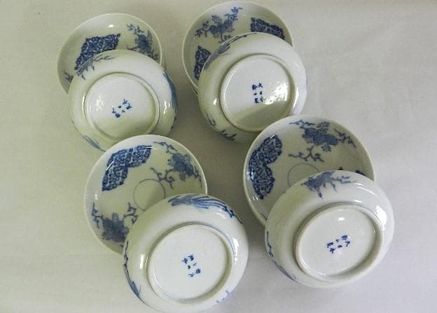 京焼「初代　幹山伝七」作　藍繪深皿２０客（裏印「大日本幹山製」）
