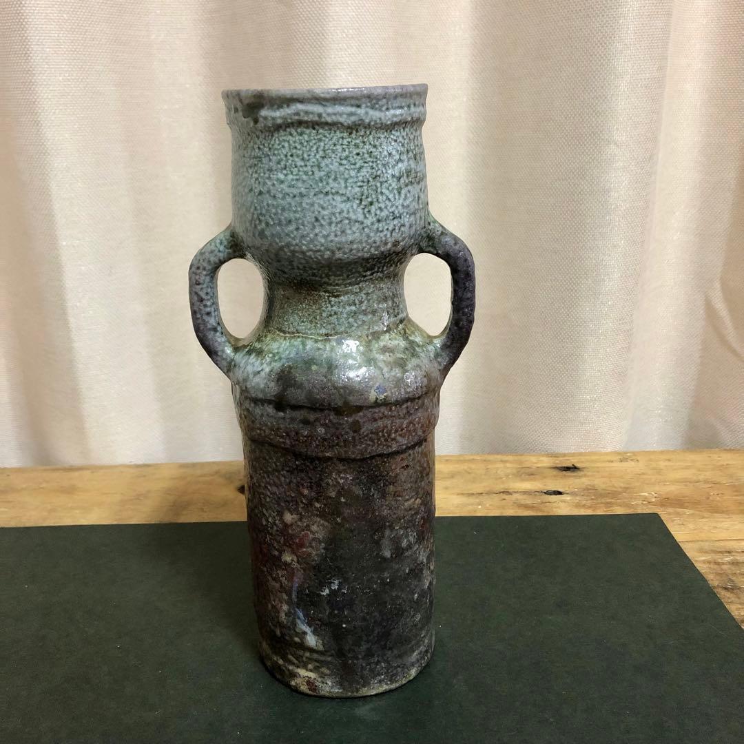 佐久知炎仙 秘色南蛮花器 茶道具 共箱 耳付花入