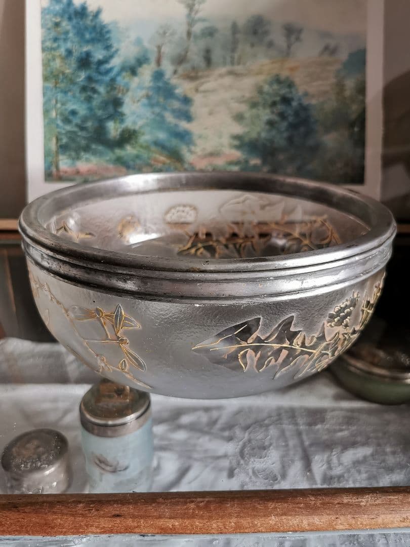 アンティーク サグリエ ドーム アシッド＆透明ガラス 宿り木 蒲公英 銀縁大深鉢