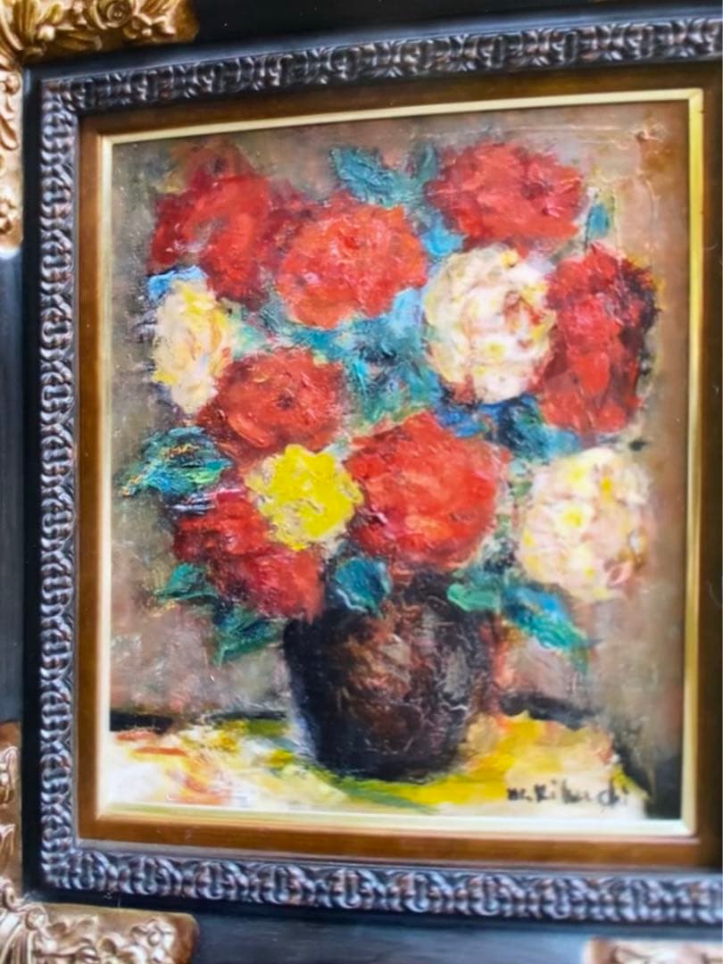 絵画　油彩画　油絵　F8 「2色のバラ」パリ　菊地正則　豪華　美品　額付き