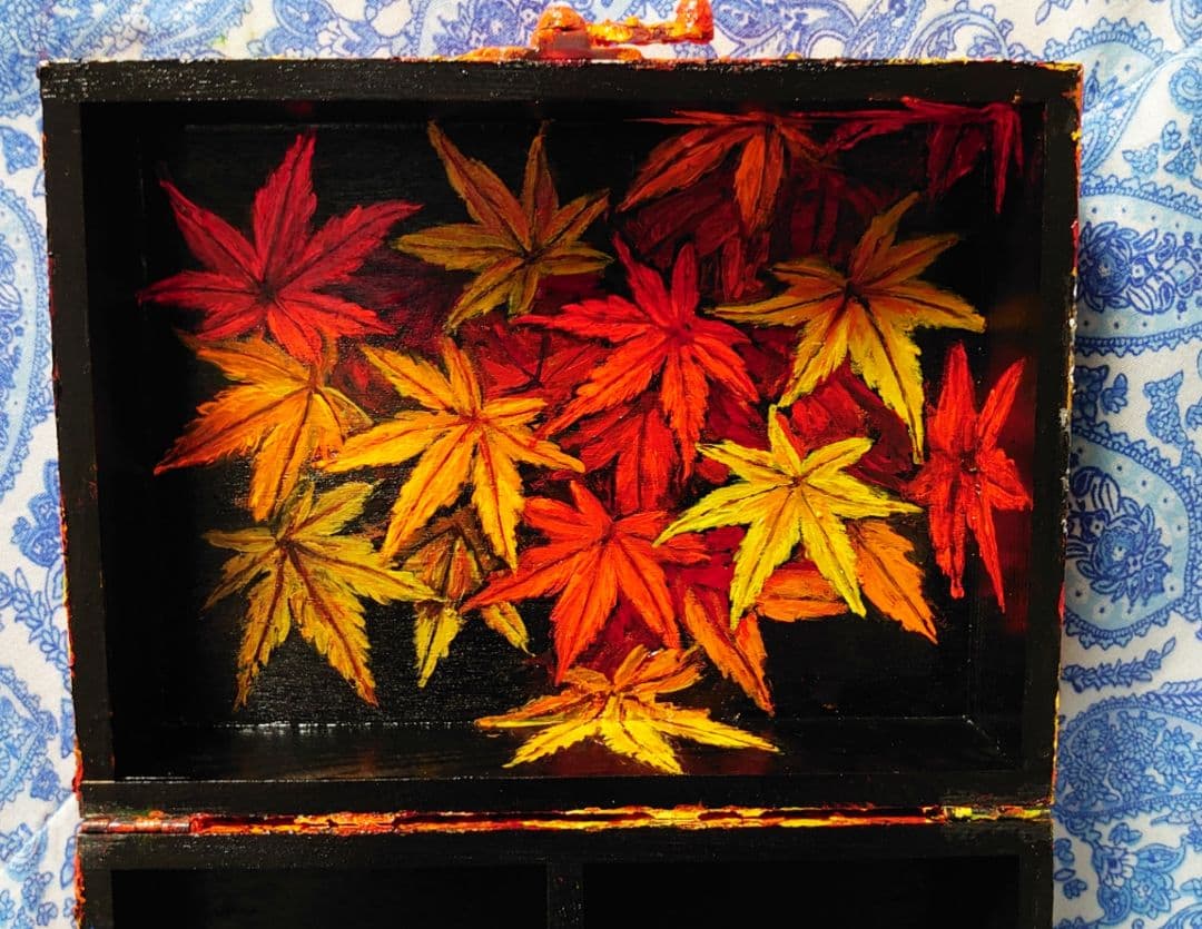 北欧風 油絵 絵画「紅葉ボックス」モダンアート 玄関やリビングに映える 秋の風景