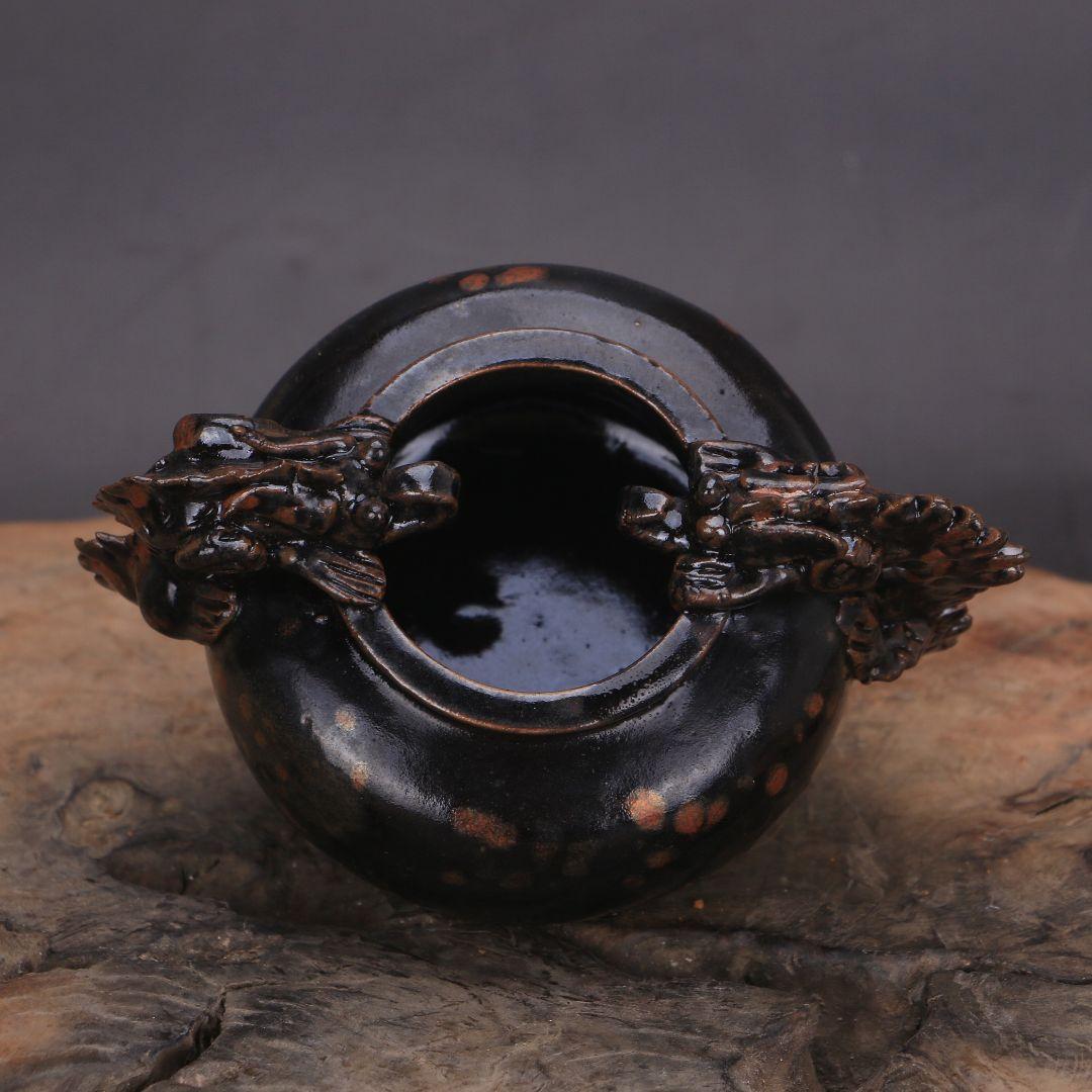 宋  黒釉点彩双耳竜紋三足香炉   陶磁器 装飾品 現代工芸品美術品 置物