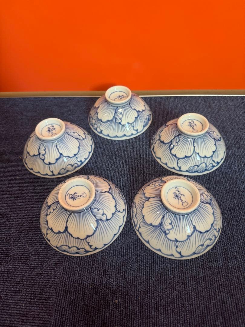 1968 三川内焼　嘉久正窯　手描き　牡丹　輪花小鉢　5客　未使用