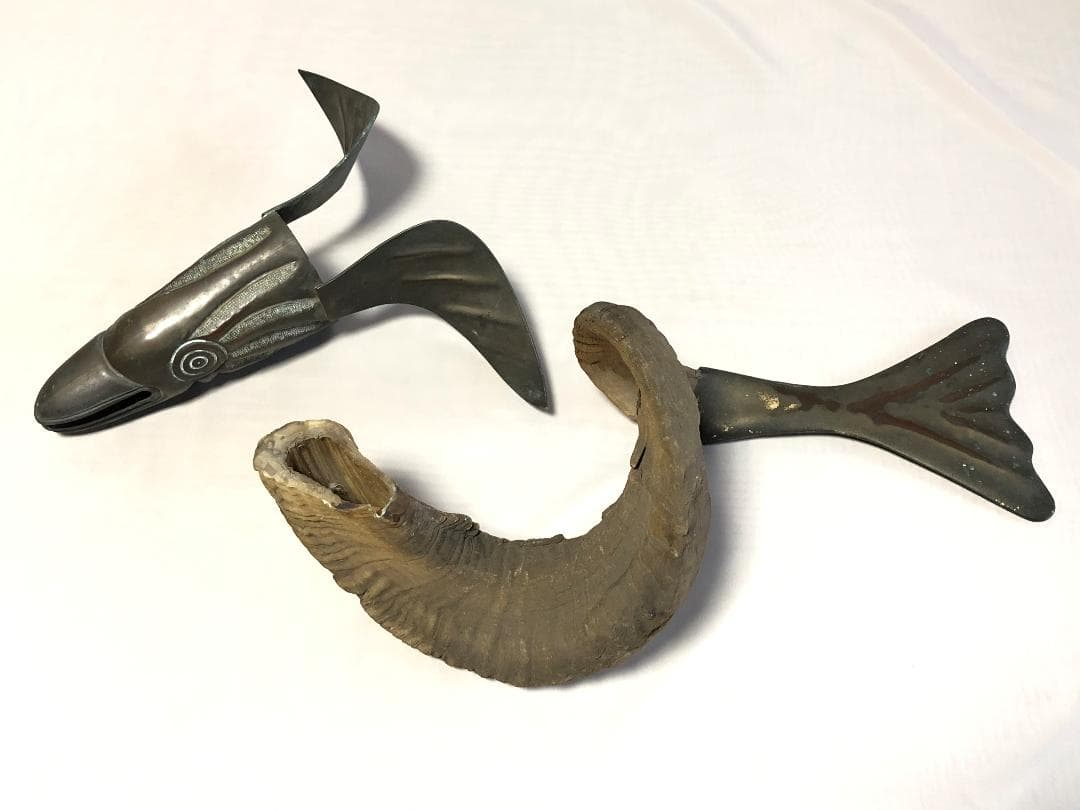 【 稀少文物 】　山羊角、金銅彫金　『魚オブジェ』　清朝古玩