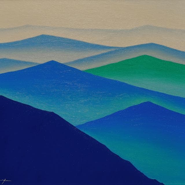 肉筆油絵◆『青のやまなみ』◆がんどうあつし作者直接真作直筆絵画F8号シルバー額付
