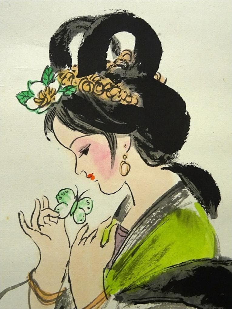 掛軸 胡夢『仕女図 美人』中国画 紙本 肉筆 箱無し 掛け軸 w061117