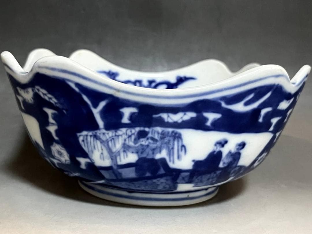鉢■染付 唐人 窓人物絵 年号印有 ベロ藍 古玩 中国 古美術 時代物 骨董品■