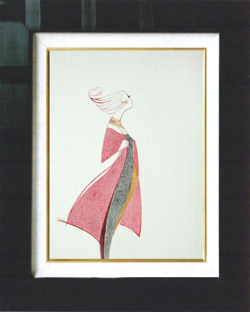 油絵 菅家令子 絵 絵画インテリア額付(青緑＋金色の枠)F4-080614 女性