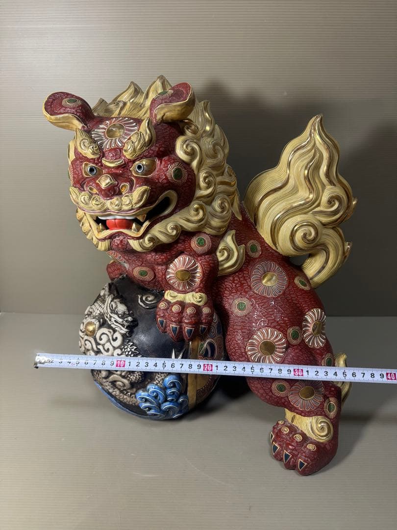 2201  九谷焼 須栄義 金彩 龍文　唐獅子 縁起物 置物