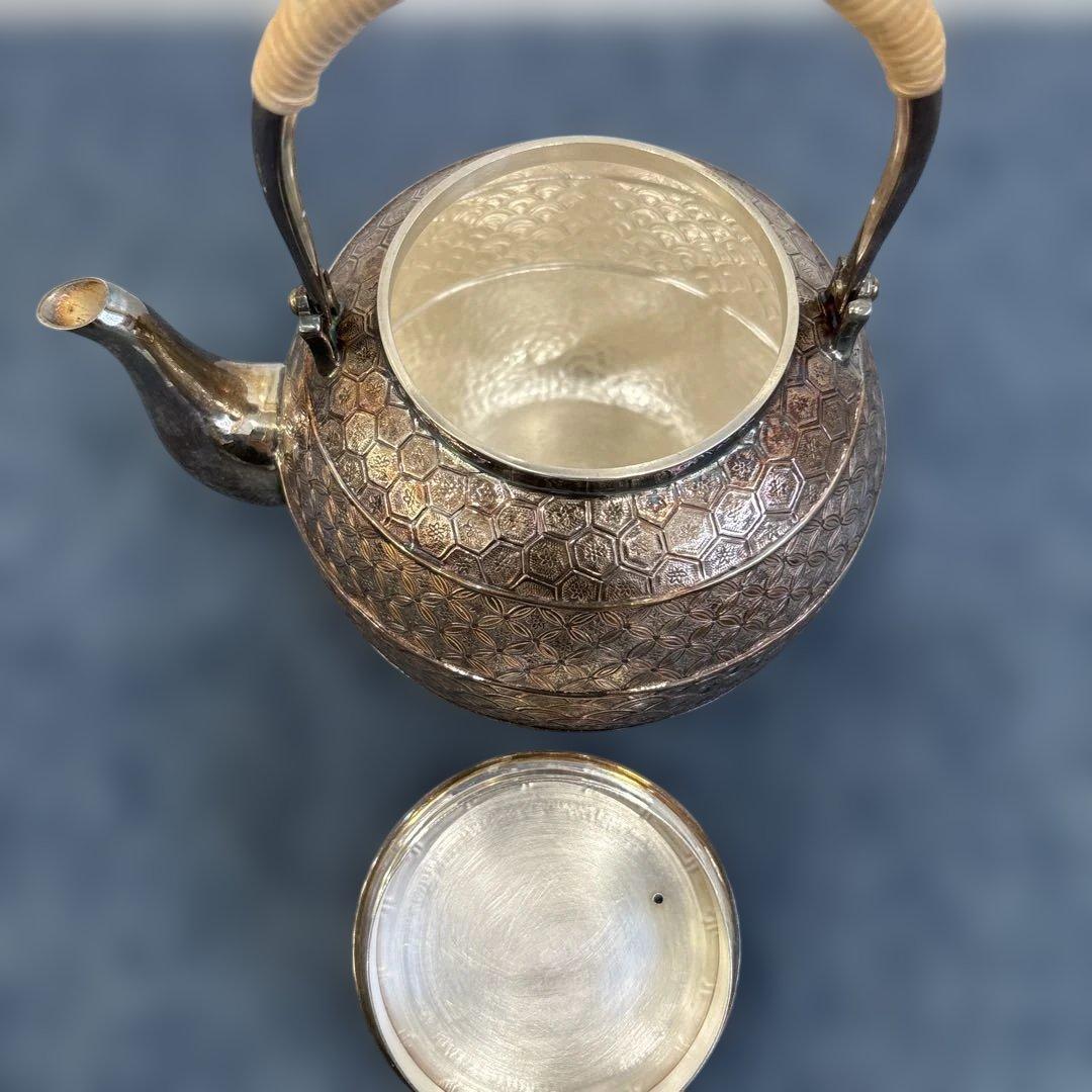 純銀製 金蘭模様彫 蕾摘 湯沸 銀瓶 工芸品 美術品 煎茶道具