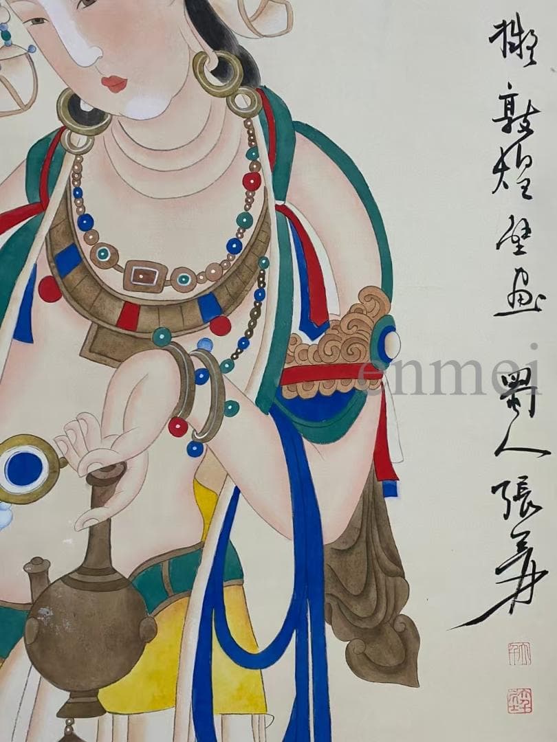 中国古美術・旧藏珍品・張大千款・仏像図・絹本・純手描き・掛軸・中堂畫・郵票落款