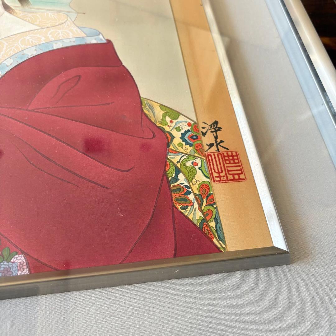 堀江浮水 (堀江豊生) 肉筆「雨乃日」額装 美人画 日本画 A