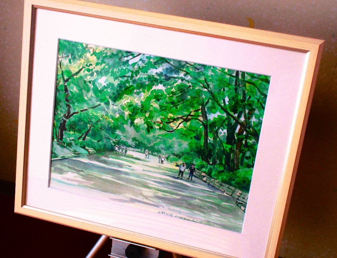 上野公園の風景 水彩画 木製フレーム付き F6サイズ