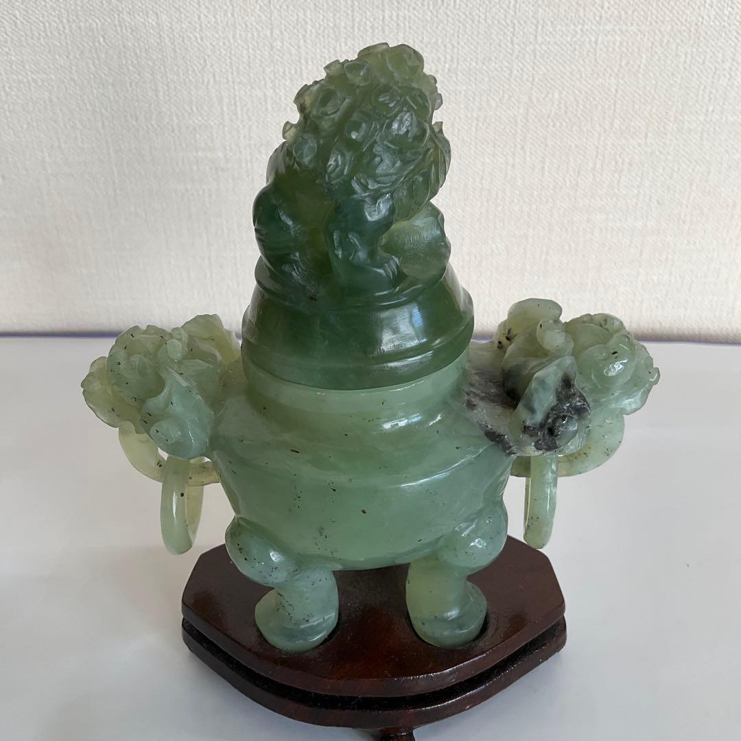 中国　碧玉環付獅子頭香炉