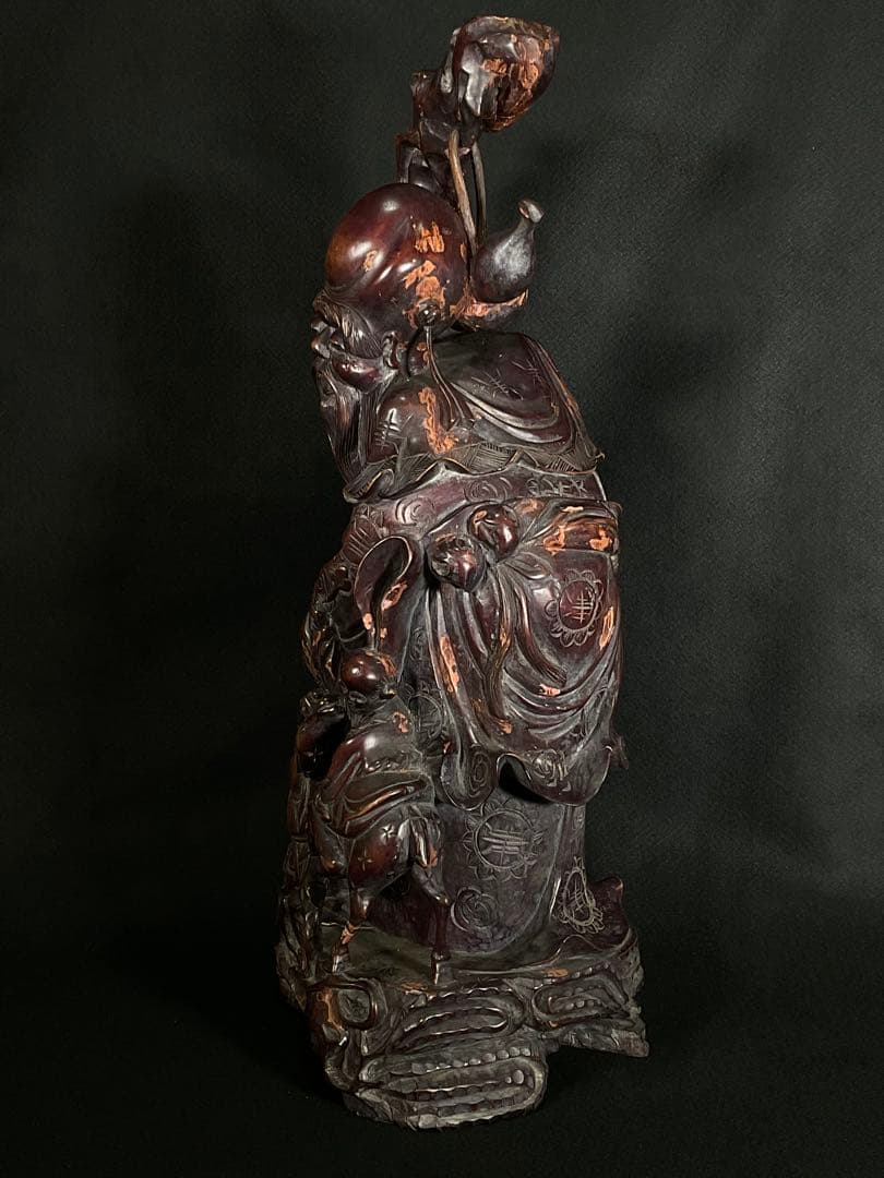 時代木彫　桃仙人　寿比南山 福如東海　寿老人　置物　中国美術　高さ約62cm