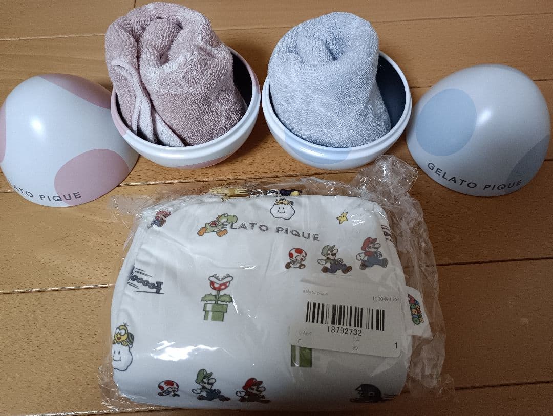 新品　ジェラートピケ　マリオポーチ＆ヨッシーハンドタオルピンク、ブルー3点セット
