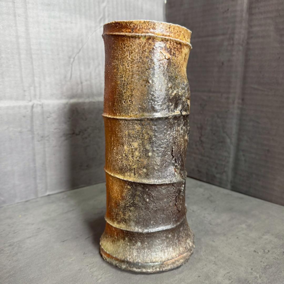 備前焼 竹節花入 共箱付き 武男作 陶歴書付き 花瓶 花器 茶道具