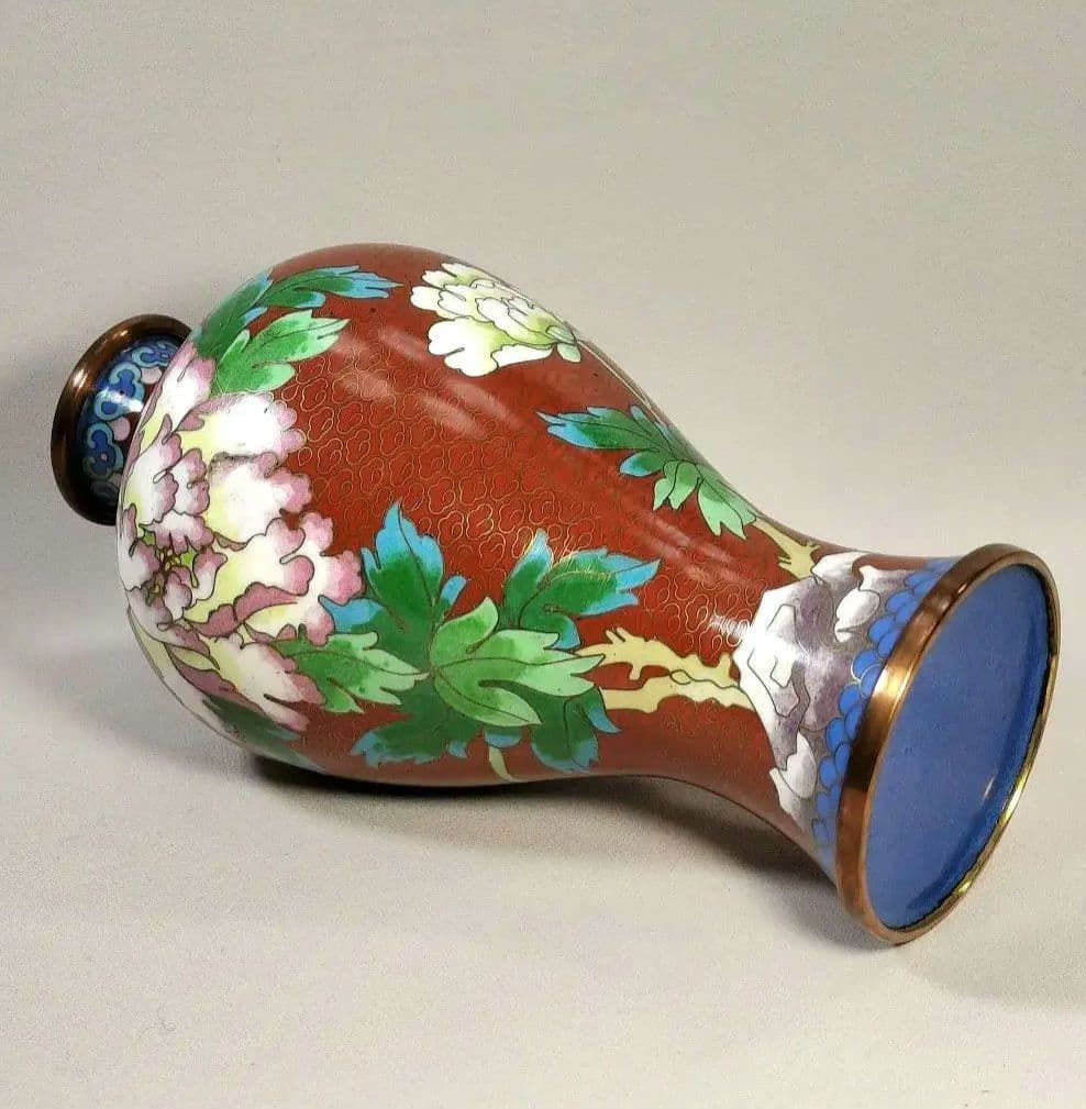 【未使用・美品】景泰藍 七宝焼 花瓶 壺 牡丹模様 20cm