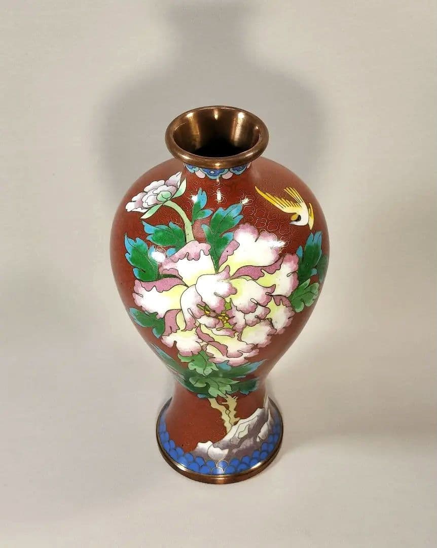 【未使用・美品】景泰藍 七宝焼 花瓶 壺 牡丹模様 20cm
