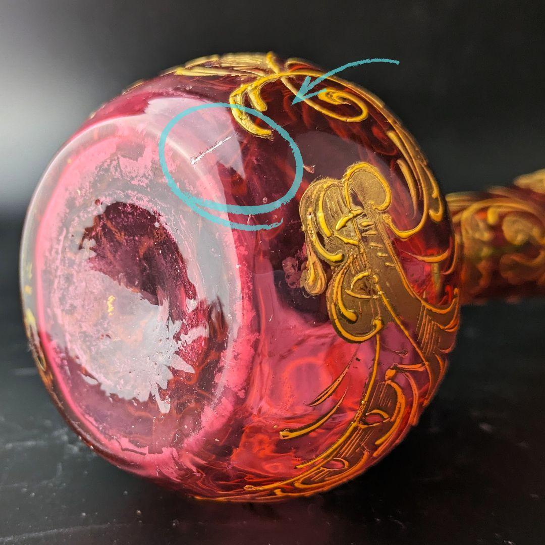 【輝く】オールドモーゼル ルビー 金彩銀彩 唐草紋様 花瓶25cm アンティーク