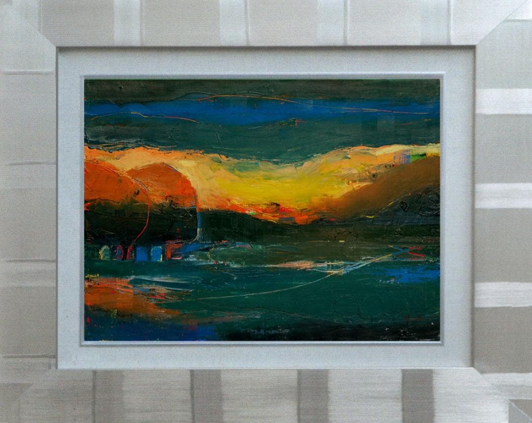 油絵 菅家令子 絵 絵画 インテリア 額付(黒)F4-072212 風景 夕朝陽