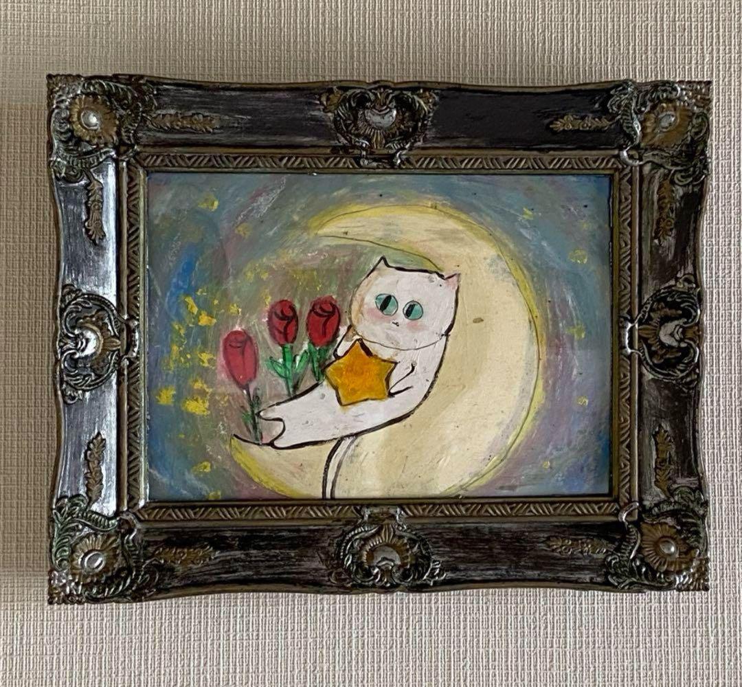 絵画。原画【月の白い猫に美しいバラを三本植えました】