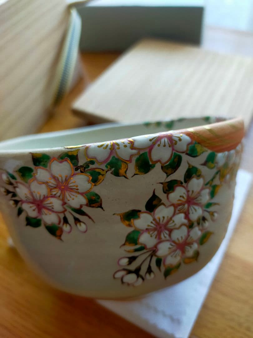 【真作】光琳水「桜絵」抹茶碗★京焼 伝統工芸士 三代 中村秋峰作　共箱・共布付