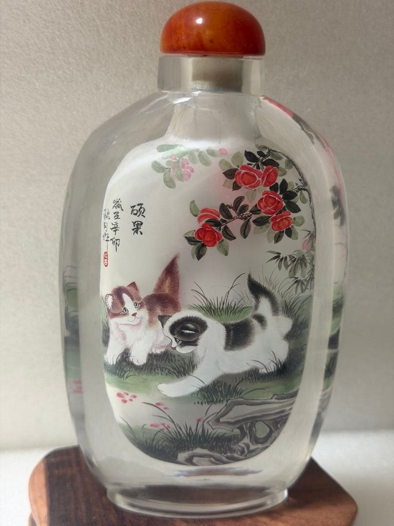 猫と花の絵柄 ガラス製鼻煙壺