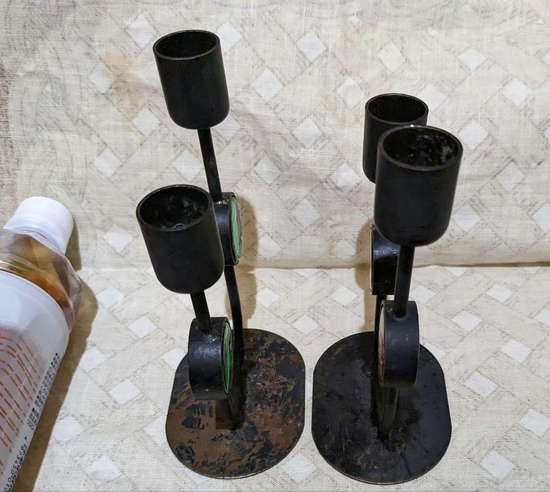 アメリカン ヴィンテージ キャンドルホルダー ２脚組 鉄ガラス工芸、レア