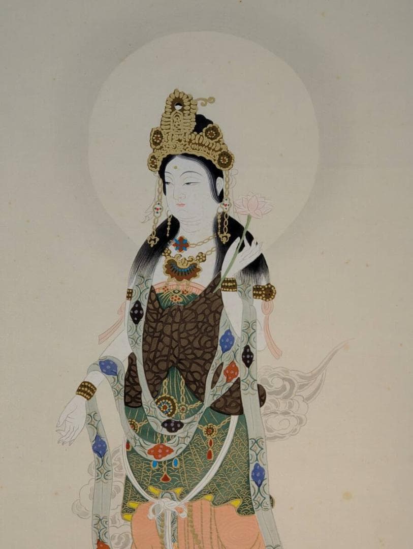【真作】掛軸　松波松観　聖観音　観音像掛軸　彩色仏画　仏画掛物　共箱入　U137