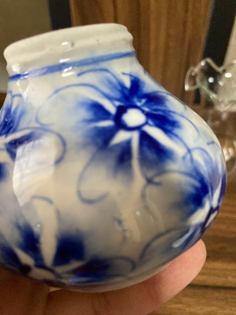 [骨董品] 青い花模様のオイルランプ　ヴィンテージ ランプ　陶器×ガラス