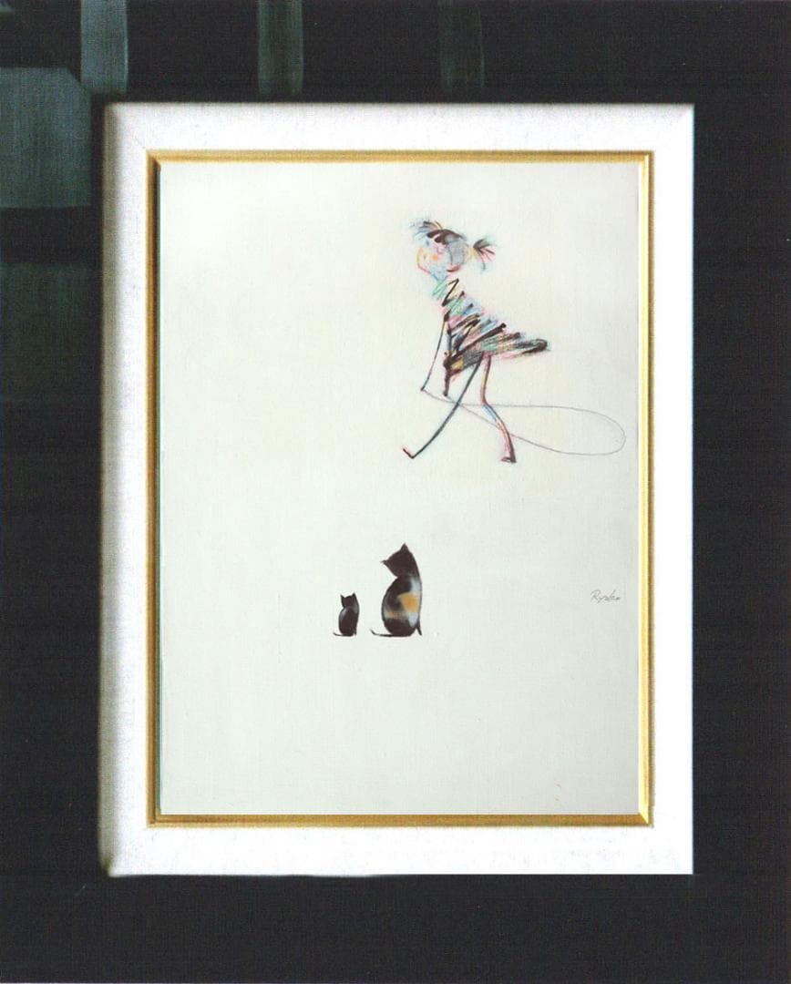 油絵 菅家令子 絵 絵画インテリア額付(青緑＋金色の枠)F4-030319猫女子