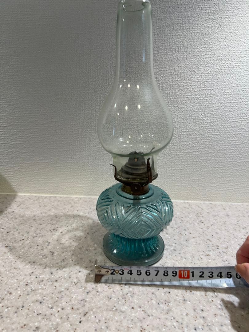 青色ガラスオイルランタン　アンティーク和物ガラス骨董品