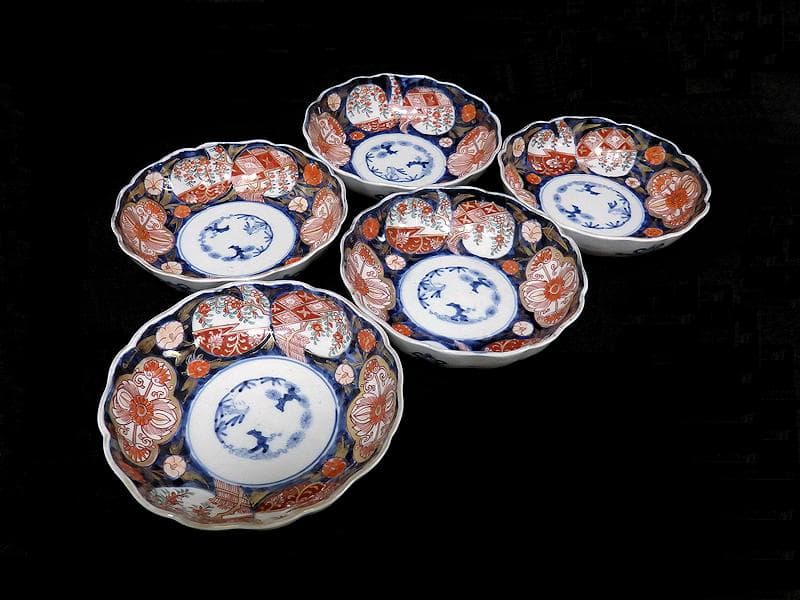 古伊万里　金襴手　枝垂れ桜に花の図　膾皿　5客　C738AS-fbef