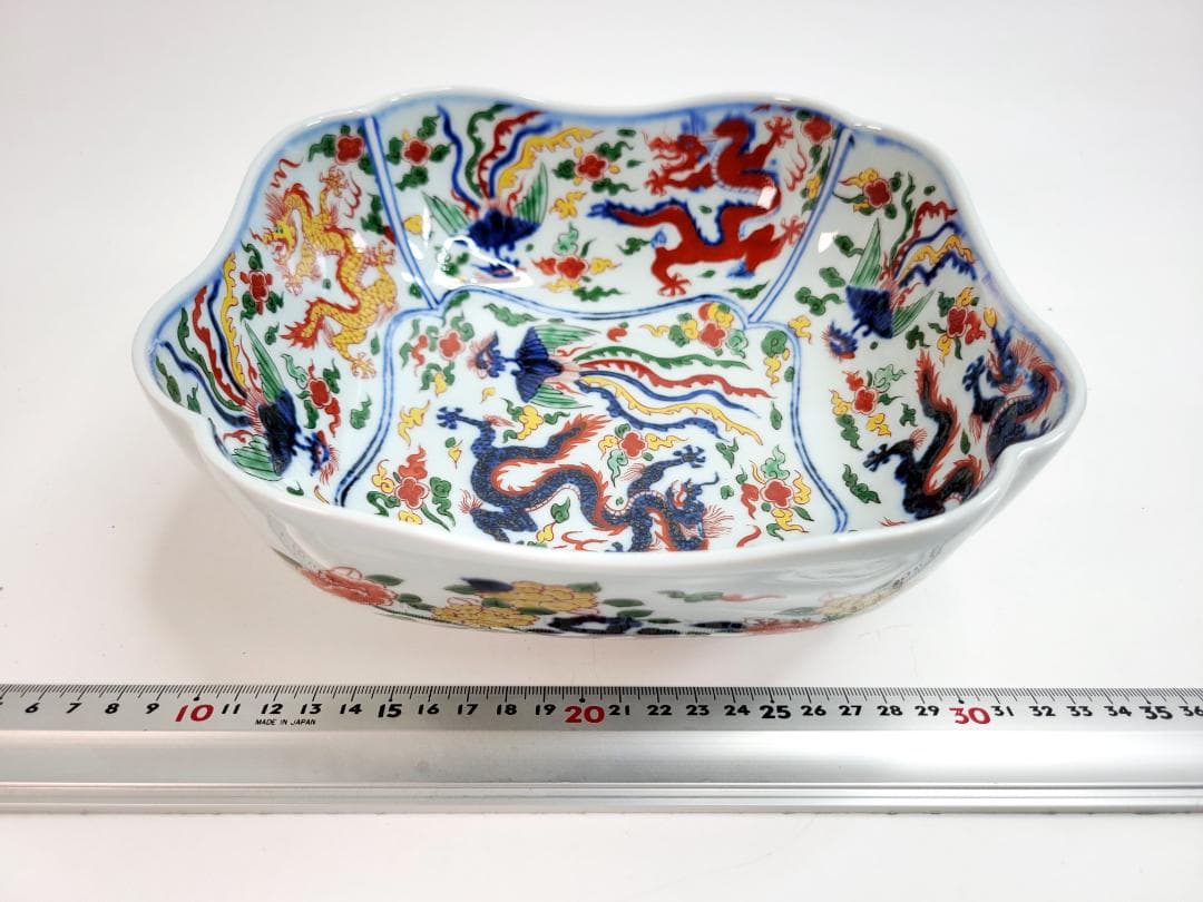 彌左衛門作 染錦万暦龍鳳凰絵 花形大鉢 古伊万里　コレクション　骨董品